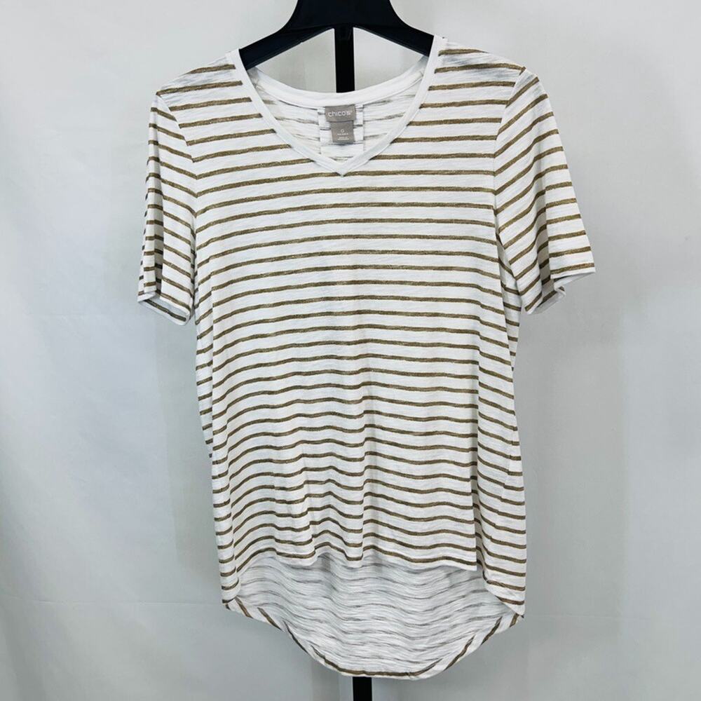 Chico's Women Size XS (0) Short Sleeve V Neck T Shirt Asymmetrical Hem Stripe